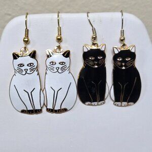 2 Pairs Cloisonne Cat Earrings - One Black and One White